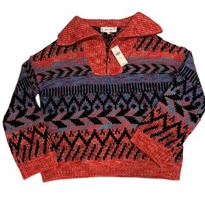 Anthropologie/John+Jenn 1/4 Zip Fair Isle Sweater in Red & Black Size XS. NWT